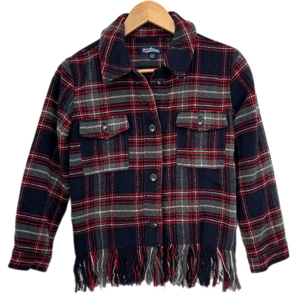 Girls Freshman 1996 Plaid Fringe Hem Shacket Large (12/14) Blue‎ Red